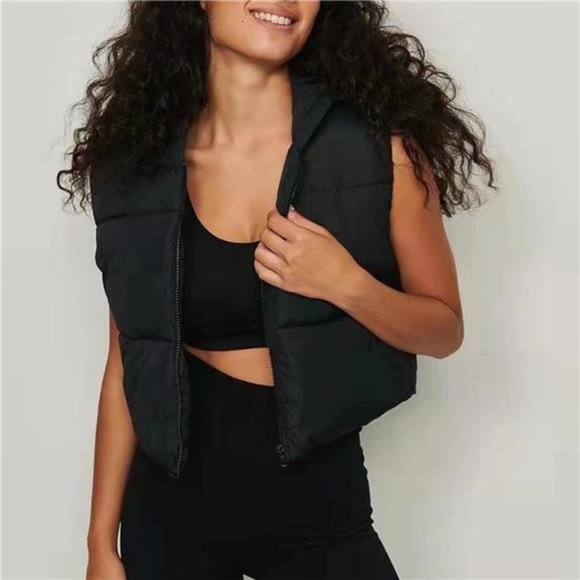 Women's Winter Crop Vest Puffer Lightweight Stand Collar Padded Vest Zip Up - Picture 5 of 6